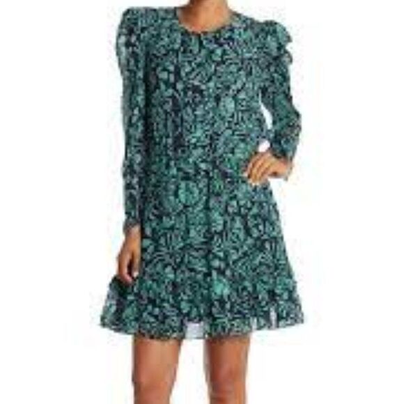Tanya Taylor Telissa Ruffle Dress Green Navy Print Silk Dress Size 2 - Picture 4 of 16
